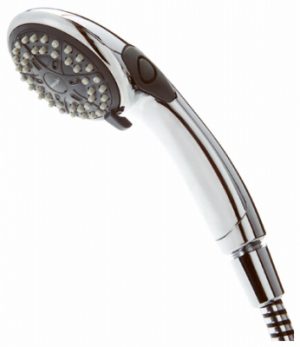 Handheld showerhead with chrome finish isolated on a white background.