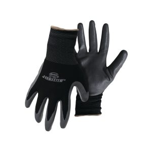 A pair of black work gloves with rubber coating on a white background.