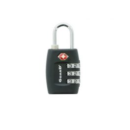 Black combination padlock with white numbered dials on a white background.