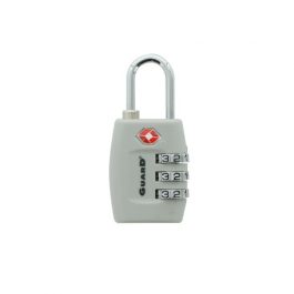 Combination padlock with white body and silver shackle on a white background.