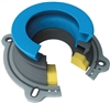 Ferrite core for cables with blue and yellow clasps on a white background.