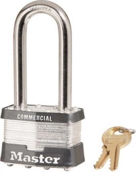 A silver Master padlock with key on a white background.