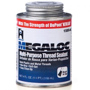 A container of Megaloc multi-purpose thread sealant with Kevlar on a white background.