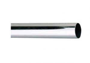 A shiny chrome metal pipe against a white background.