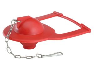 Red plunger-style sink and drain unblocker with a chain on a white background.