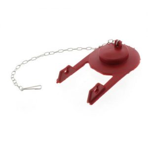 Red sink plunger with a chain and hook on a white background.