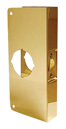 Brass door strike plate with hole for door knob and slot for latch.
