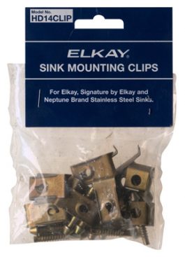 Package of Elkay sink mounting clips for stainless steel sinks.
