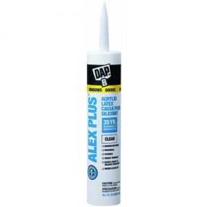 A tube of DAP ALEX PLUS acrylic latex caulk plus silicone in a white container with blue and yellow label.