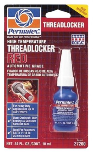 A bottle of Permatex red high-temperature threadlocker for automotive use, packaged and branded.