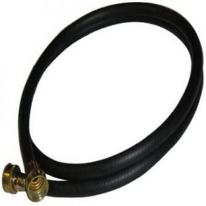 A black drive belt with brass-colored connectors on a white background.