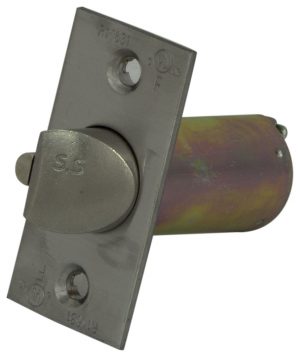 A metal door latch with a cylindrical lock body against a white background.