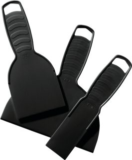 Three black plastic kitchen spatulas with different shapes on a white background.