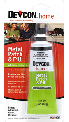 Packaging of DEVCON Metal Patch & Fill product for repairing metal surfaces.