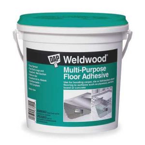 A bucket of Weldwood Multi-Purpose Floor Adhesive on a white background.