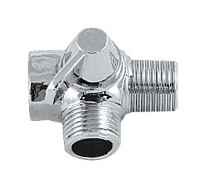 Chrome-plated brass ball valve with a lever handle on a white background.