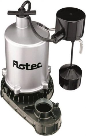 A silver and black Flotec sump pump with an attached float switch.