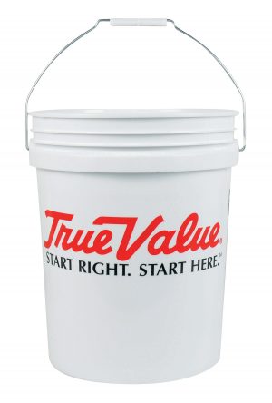 White bucket with a True Value logo isolated on a white background.