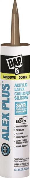 Tube of DAP ALEX PLUS acrylic latex caulk plus silicone in dark bronze color.