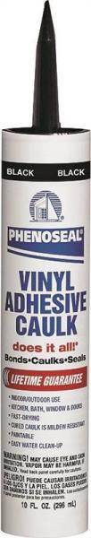 A tube of Phenoseal black vinyl adhesive caulk with a lifetime guarantee label.