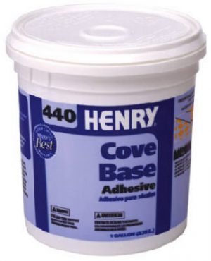 A white plastic bucket labeled "HENRY 440 Cove Base Adhesive" with a lid and handle.