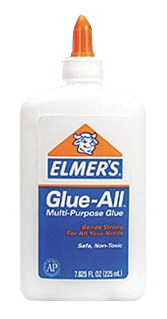 A bottle of Elmer's Glue-All Multi-Purpose Glue with orange cap, white label, and blue text.
