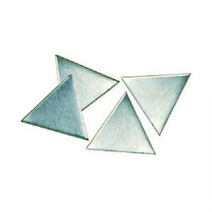 Four metallic triangles arranged in no specific pattern on a white background.