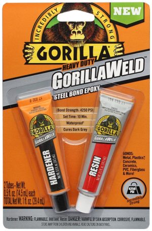 Packaging for "GorillaWeld" epoxy with a gorilla logo, two tubes of adhesive, and product info.