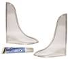 Two transparent acrylic bookends and a tube of adhesive on a white background.