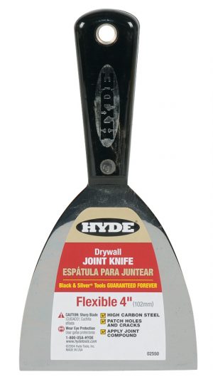 A 4-inch Hyde drywall joint knife with a black handle on a white background.
