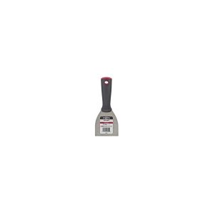 New paint scraper with black and red handle, isolated on white background.