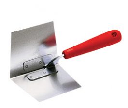 A stainless steel putty knife with a red handle on a white background.