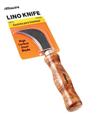 Packaged linoleum cutting knife with high carbon steel blade.