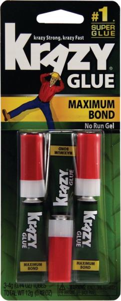 Packaging of Krazy Glue Maximum Bond with two glue tubes.