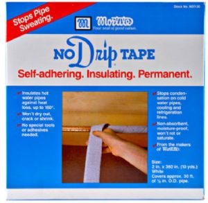 Packaging of 'No Drip Tape' for stopping pipe sweating with product information and a hand applying tape.