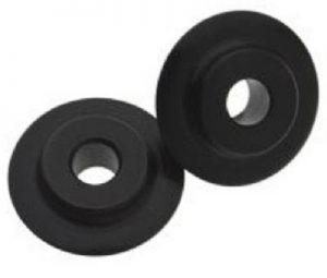 Two black rubber weights with a central hole, isolated on a white background.