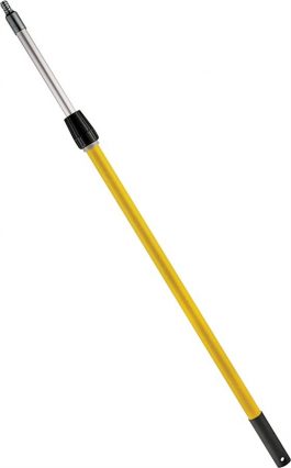 Yellow and silver telescopic pool cue stick on a white background.