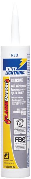 A tube of red White Lightning silicone caulk for weatherproofing and sealing.