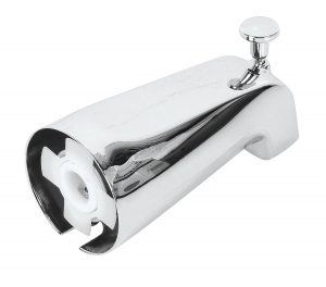 Chrome toilet paper holder with a roll of paper on a white background.