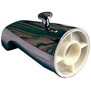 A green and beige camouflage-patterned duck call with a metal ring on top.
