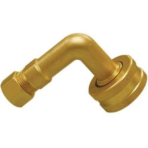 Brass elbow pipe fitting isolated on a white background.