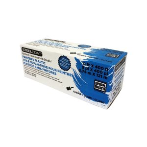 A boxed roll of clear plastic sheeting for painting with blue branding.