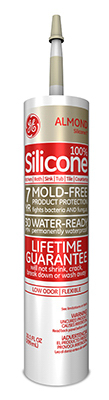 A tube of Almond 100% silicone caulk with mold-free and water-ready features and lifetime guarantee.