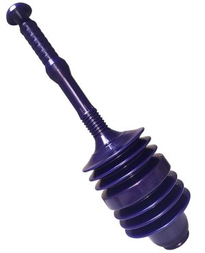 A purple plunger with a ridged handle and a series of rubber suction cups.