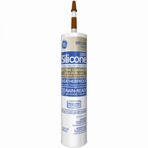A tube of brown silicone sealant with weatherproof labeling on a white background.