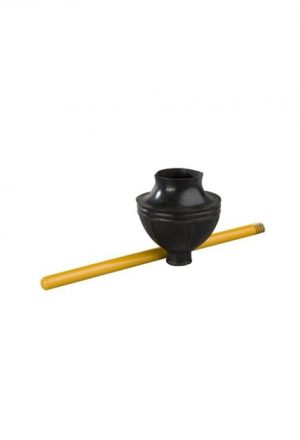 Black rubber cup mute for brass instruments with a yellow stem on a white background.