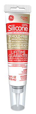 A tube of clear 100% silicone sealant with a lifetime guarantee label.