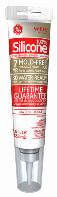A tube of white 100% silicone sealant with a 7-year mold-free and lifetime guarantee label.
