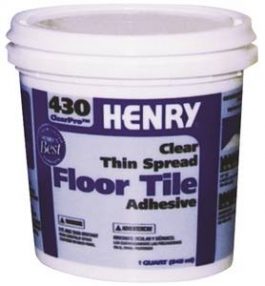 A container of Henry 430 Clear Thin Spread Floor Tile Adhesive.