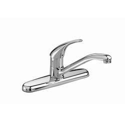 Chrome single-handle kitchen faucet on a white background.